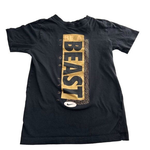 Nike Youth Black Tee "Be A Beast" Gold Graphic Short Sleeve Cotton Shirt M - Picture 1 of 7